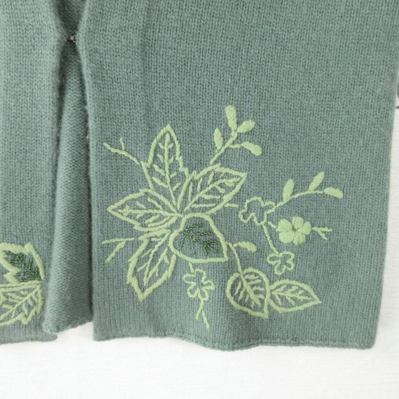 White + Warren Cashmere Embroidered Cardigan Size L Sage Green Botanical Flowers - Picture 3 of 8